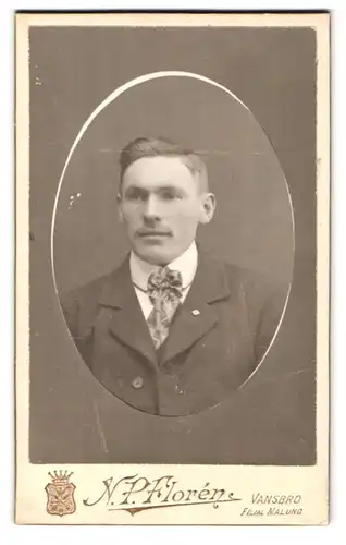 Fotografie N. P. Floren, Vansbro, Brustportrait junger Herr im Anzug mit Krawatte