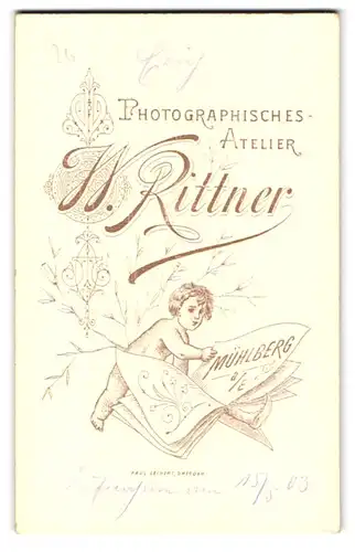 Fotografie W. Rittner, Mühlberg a. E., Putte blättert in Dokumenten, Rückseitig Baby im Taufkleid