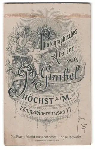 Fotografie Ph. Gimbel, Höchst / Main, Königsteinerstrasse 17, Putten mit Plattenkamera, Rückseitig Baby auf Schaukel