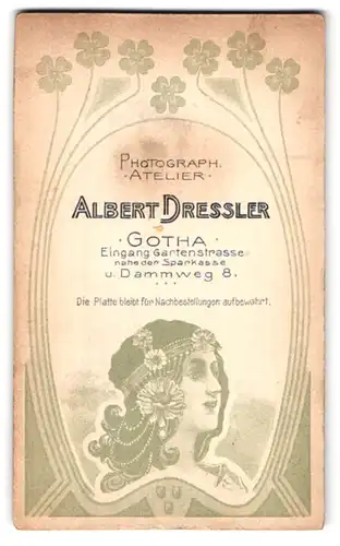 Fotografie Albert Dressler, Gotha, Dammweg 8, Portrait Jugendstil-Dame, Rückseitig junger Herr im Portrait