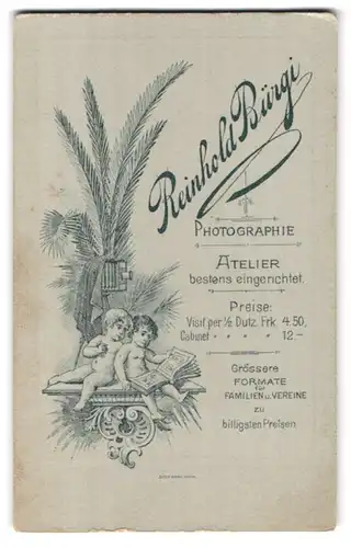 Fotografie Reinhold Bürgi, Zürich-Hottingen, Casinostrasse 5, Putten mit Album & Plattenkamera, Rückseitig Damen Portrait