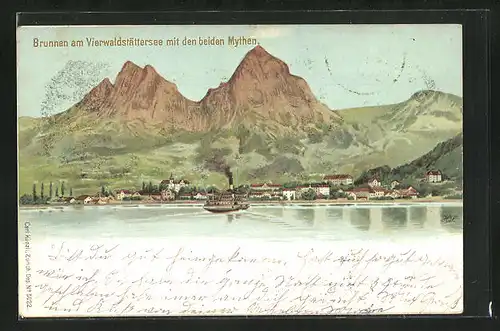 Künstler-AK Brunnen am Vierwaldstättersee, Teilansicht mit den beiden Mythen und Dampfer