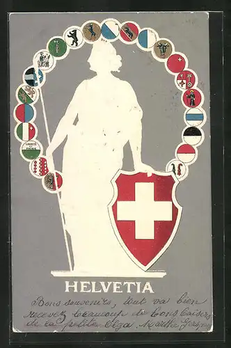 Präge-AK Locle, Helvetia mti Schild und Wappen