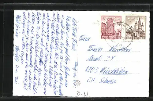AK Ternitz, Hauptschule, Stadthalle, Peterskircherl mit Schneeberg