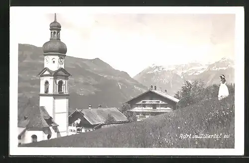AK Hart im Zillertal, Kirche mit Alpenlandschaft