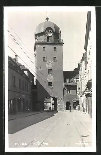 AK Leoben, Strassenpartie am Stadtturm