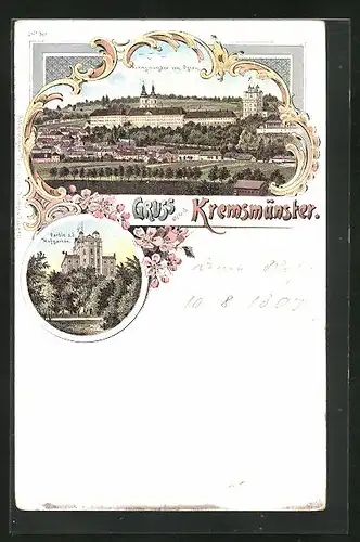 Lithographie Kremsmünster, Partie a. d. Hofgarten, Ortsansicht mit Kloster