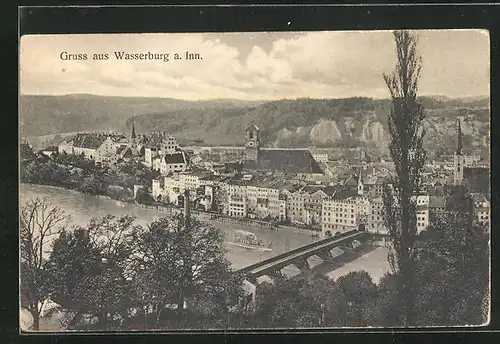 AK Wasserburg a. Inn, Teilansicht mit Brücke