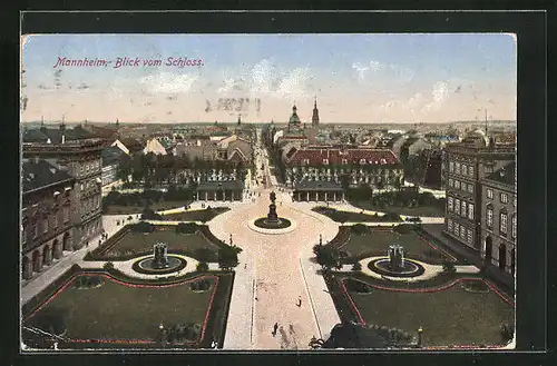 AK Mannheim, Blick vom Schloss mit Denkmal und Springbrunnen