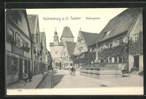 AK Rothenburg o. d. Tauber, Rödergasse mit Geschäften und Tor