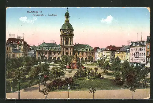 AK Mannheim, Paradeplatz und Kaufhaus mit Brunnen