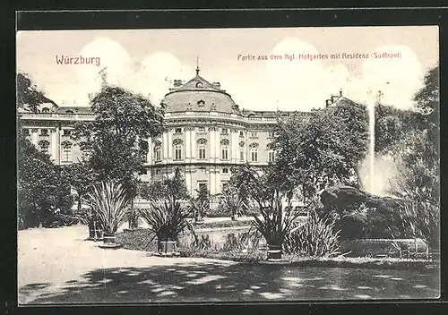 AK Würzburg, Partie aus dem köngl. Hofgarten mit Residenz