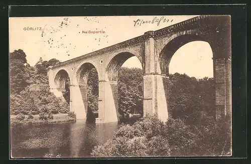 AK Görlitz, Neissepartie mit Bogenbrücke