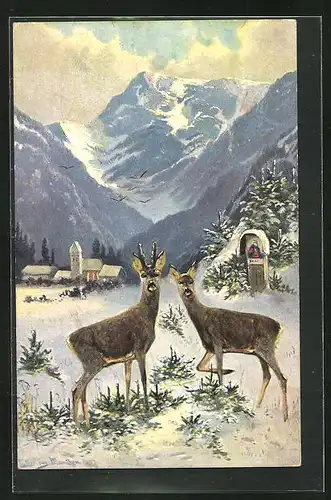 Künstler-AK M. Müller jun.: Rehe im Schnee