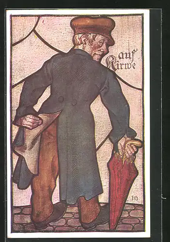 Künstler-AK Heinz Schiestl: alter Mann mit Schirm