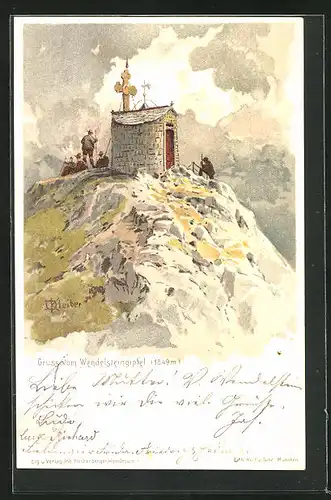 Künstler-AK sign. Kleiber: Bergsteiger vor der Kapelle auf dem Wendelstein