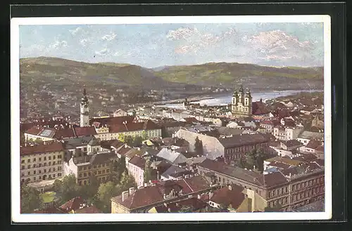 Künstler-AK Linz /Donau, Stadtpartie aus der Vogelschau