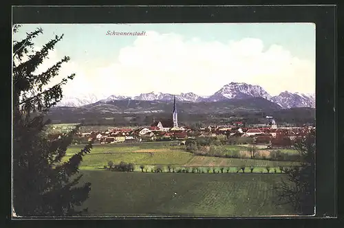 AK Schwanenstadt, Teilansicht mit Gebirge im Hintergrund