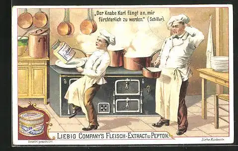 Sammelbild Liebig, Knabe Karl... von Schiller, Szene aus der Küche