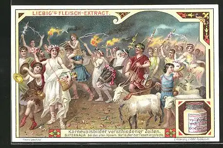 Sammelbild Liebig, Karnevalsbilder verschiedener Zeiten, Saturnalia bei den alten Römern, Vorläufer der Faschingsfeste
