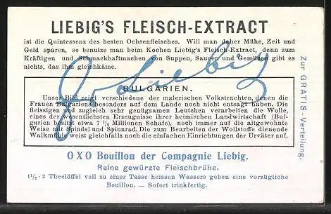 Sammelbild Liebig, Bulgarien, Frauen bearbeiten Wolle, Walkmühle, Wein