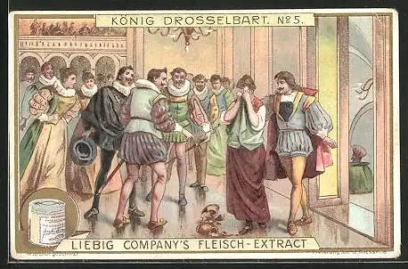 Sammelbild Liebig, König Drosselbart, No. 5, Zerbrochener Krug bei der Hochzeit