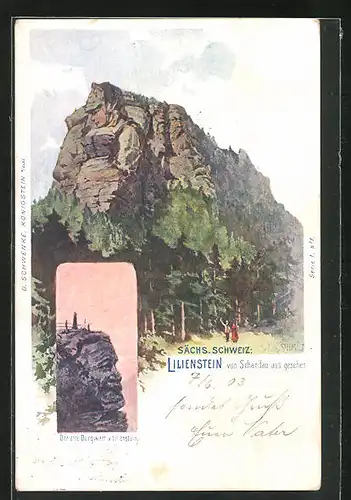 Künstler-AK Schwenke Ser. 1 Nr. 1: Schandau /Sächs. Schweiz, Lilienstein mit Burgwart, Berg mit Gesicht / Berggesichter