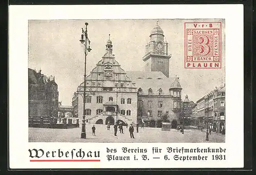 AK Ganzsache PP106C9: Plauen i. V., Werbeschau des Vereins für Briefmarkenkunde am 6.9.1931, Rathaus