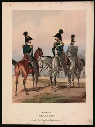 Lithographie Herzogthum Nassau, Stabsoffizier, altkoloriert, montiert, aus Eckert & Monten um 1840 Vorzugsausgabe