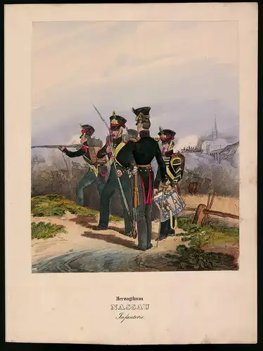 Lithographie Herzoghtum Nassau, Infanterie, altkoloriert, montiert, aus Eckert & Monten um 1840 Vorzugsausgabe