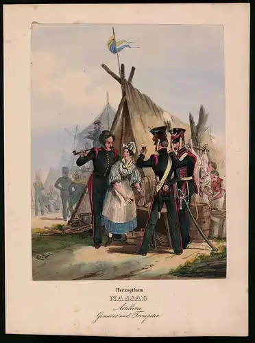 Lithographie Herzogthum Nassau, Artillerie, altkoloriert, montiert, aus Eckert & Monten um 1840 Vorzugsausgabe
