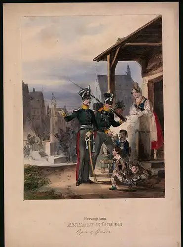 Lithographie Herzogthum Anhalt Köthen, Offizier, altkoloriert, montiert, aus Eckert & Monten um 1840 Vorzugsausgabe