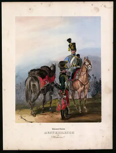 Lithographie Kaisertum Österreich, Husaren, altkoloriert, montiert, aus Eckert & Monten um 1840 Vorzugsausgabe