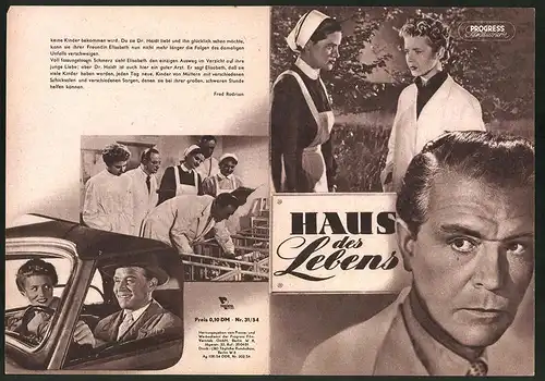 Filmprogramm PFI Nr. 31 /54, Haus des Lebens, Gustav Fröhlich, Cornell Borchers, Regie: Karl Hardt