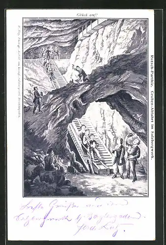 Künstler-AK Berchtesgaden, Rutsch-Partie - Grubenabfahrt im Salzbergwerk