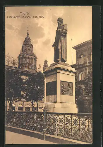 AK Mainz, Gutenberg-Denkmal und Dom