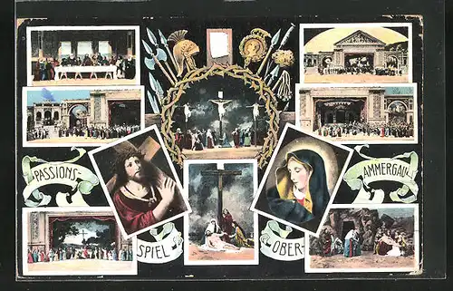 AK Passionsspiele Oberammergau 1910, Szenen und Darsteller in zehn Bildern