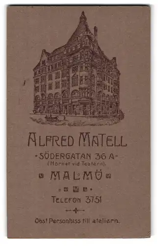 Fotografie Alfred Matell, Malmö. Södergatan 36a, Ansicht Malmö, Gebäudeansicht des Ateliers A. Matell