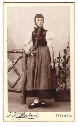 Fotografie J. K. Berberich, Triberg, Portrait Dame in Tracht lehnt an einem Zaun