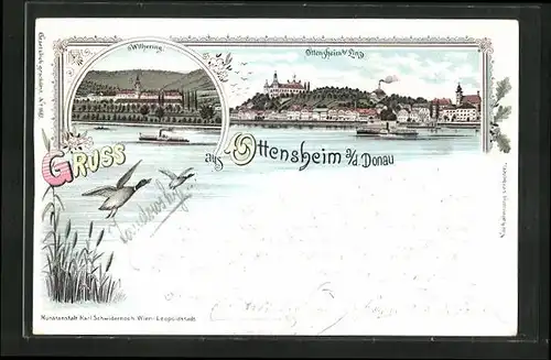 Lithographie Ottensheim a. d. Donau, Teilansicht mit Dampfer, Wilhering