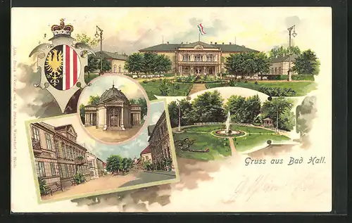 Lithographie Bad Hall, Partie im Park, Wappen, Kurhaus