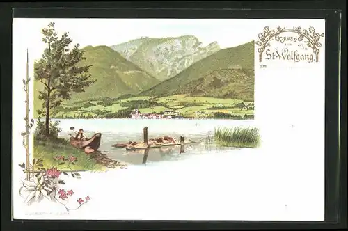 Lithographie St. Wolfgang, Ortsansicht über den St. Wolfgangsee