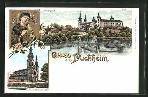 Lithographie Puchheim, Totalansicht über den See, Gnadenkirche U.L. Frau v. d. immerwährenden Hilfe