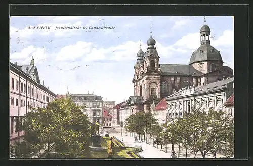 AK Mannheim, Jesuitenkirche und Landestheater im Sonnenschein