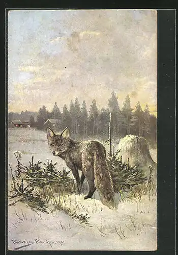 Künstler-AK Alfred Schönian: Fuchs in winterlicher Landschaft