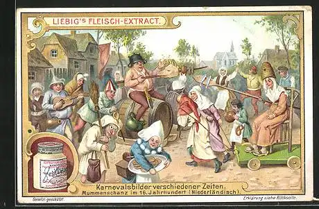 Sammelbild Liebig, Karnevalsbilder veschiedener Zeiten, Mummenschanz im 16. Jahrhundern