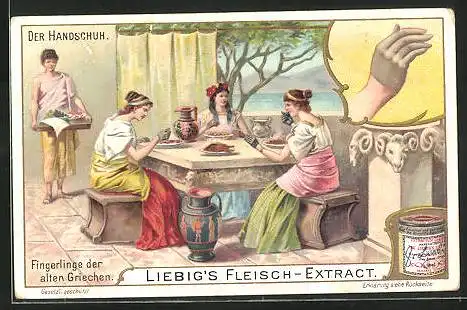 Sammelbild Liebig, Liebig`s Fleisch-Extract, Der Handschuh, Fingerlinge der alten Griechen