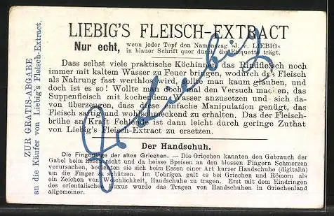 Sammelbild Liebig, Liebig`s Fleisch-Extract, Der Handschuh, Fingerlinge der alten Griechen