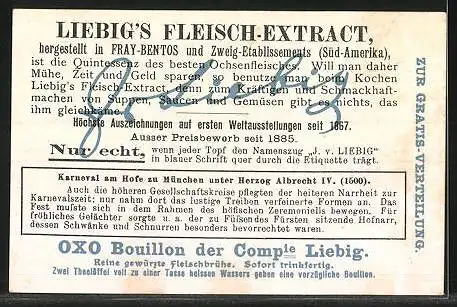 Sammelbild Liebig, München, Karnevalsbilder verschiedener Zeiten, Karneval am Hofe unter Herzog Albrecht d. IV.