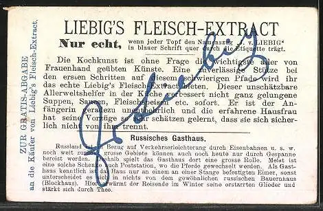 Sammelbild Liebig, Liebig`s Fleisch-Extract, Gasthäuser: Ein russisches Gasthaus und Pferdeschlitten